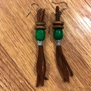 Handmade Leather Fringe & Wood Earrings (green)